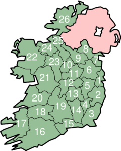 Map of the Republic of Ireland with numbered counties.